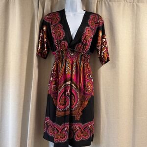 Charlotte Russe Boho Paisley Print Mini Dress Short Sleeve‎ Smocked Waist